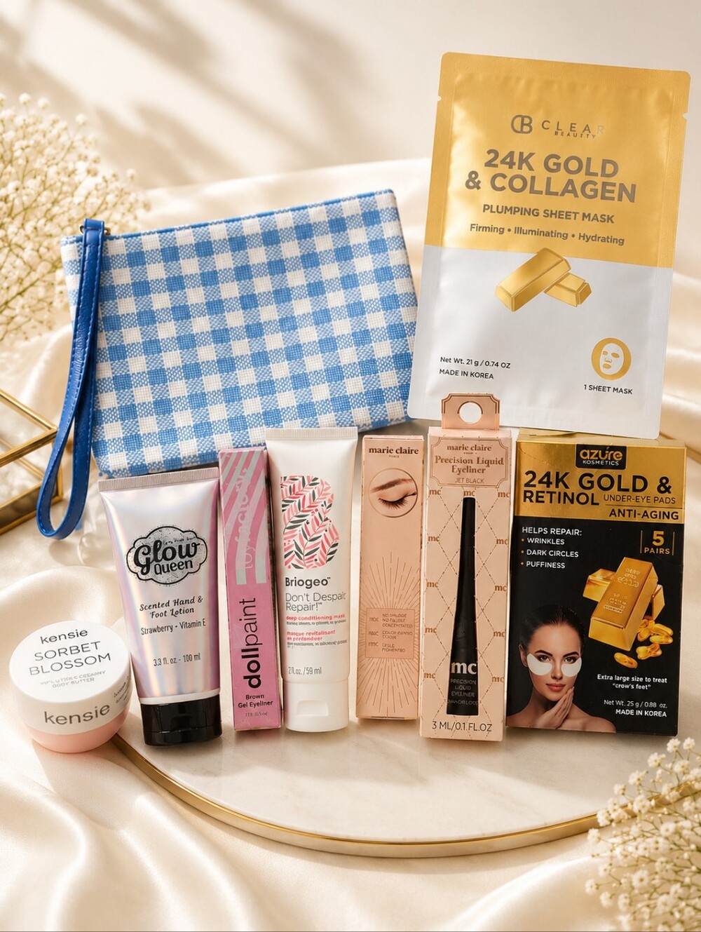 8 Pc NWT Beauty Makeup Bundle Ipsy Wristlet Gold Collagen Retinol Briogeo